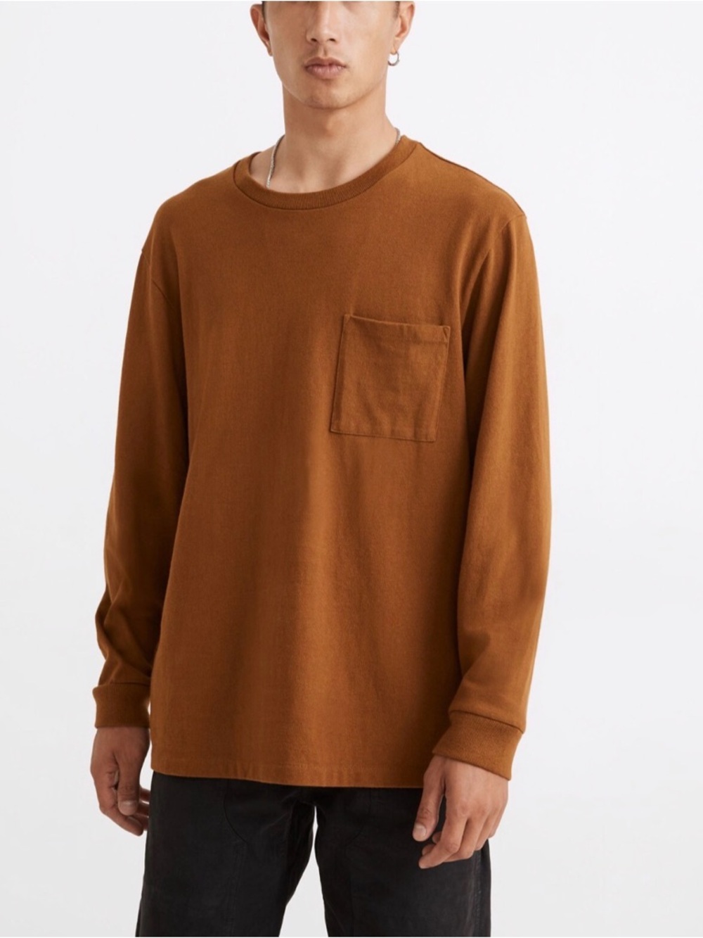 Madewell Men’s Brown Cotton Knit Solid Crew Neck Pocket Long Sleeve T-Shirt M
